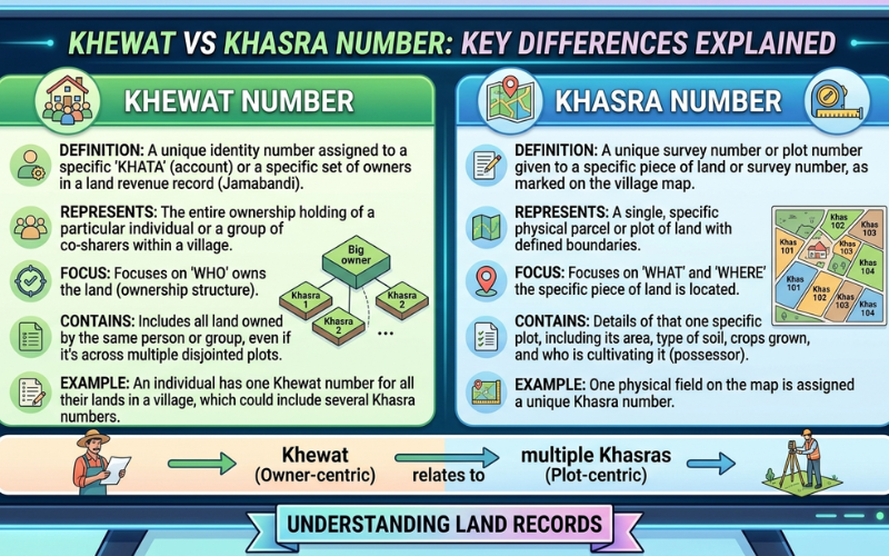 A person pointing at two land maps, explaining the distinction between Khewat and Khasra numbers.