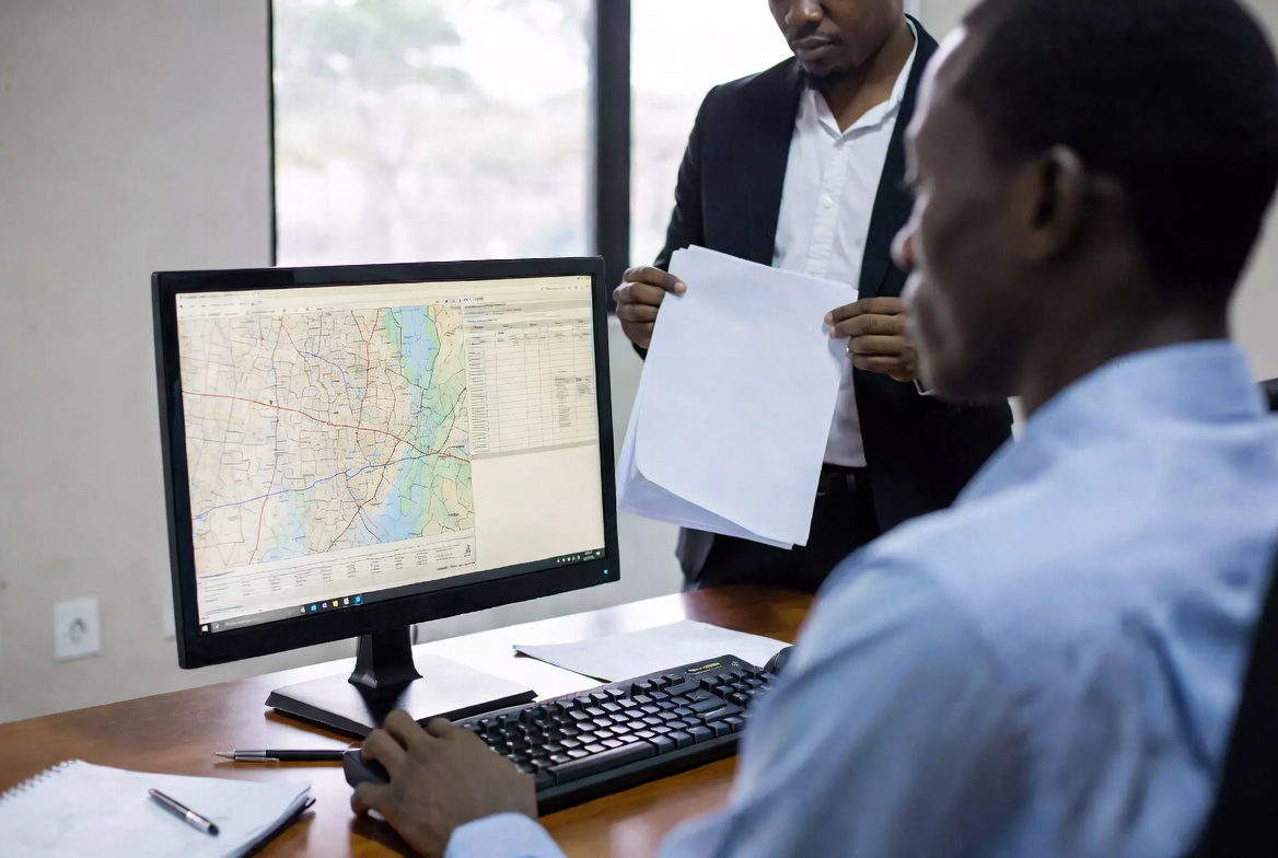 A real estate buyer cross-checking land records on a laptop and paper files to ensure legal ownership.