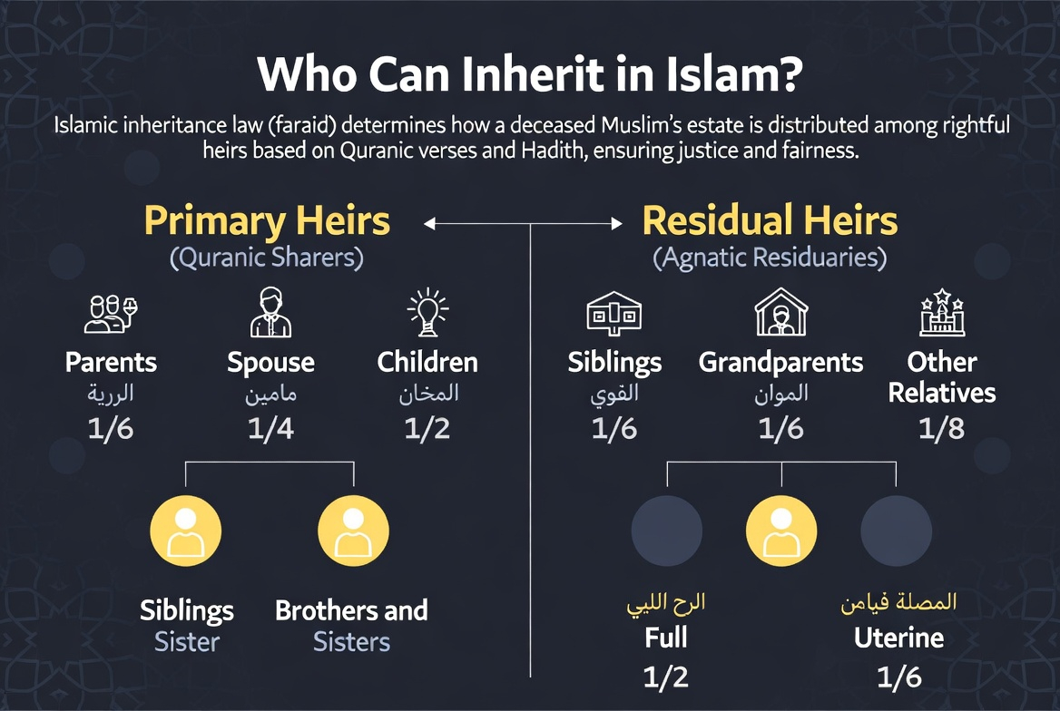 Chart highlighting who can legally inherit property in Islam under different family scenarios.