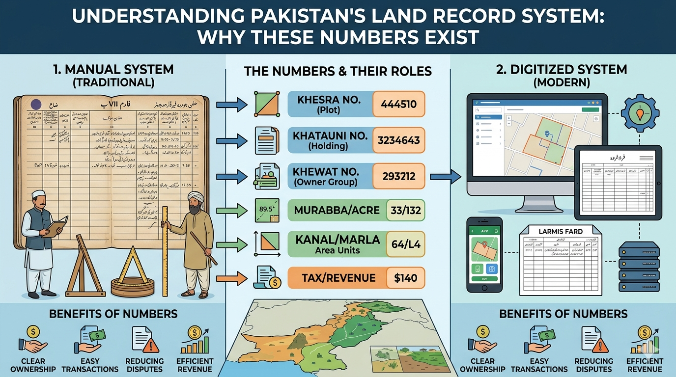 Hands pointing at a land map with numbered plots, explaining why Pakistan’s land records assign specific numbers