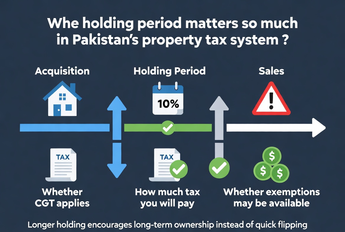 Infographic depicting how longer or shorter holding periods impact capital gains tax liability for sellers.