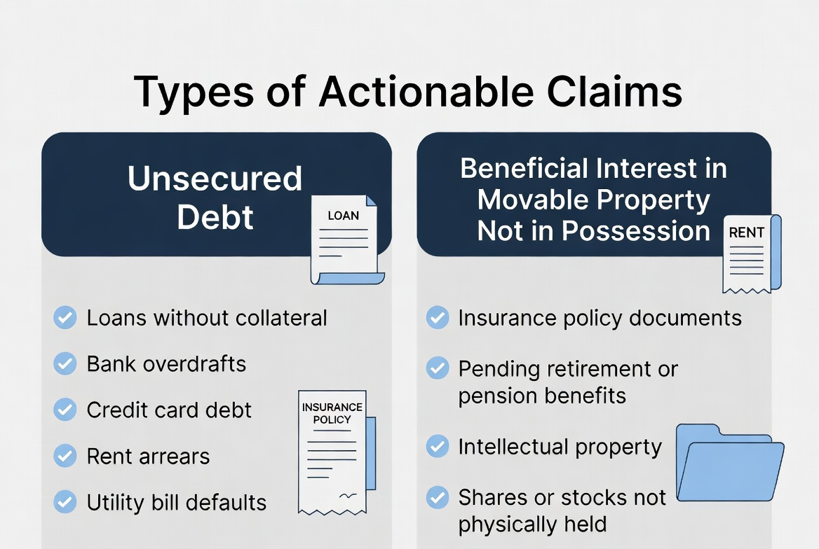 Infographic depicting types of actionable claims that can be legally transferred under the Transfer of Property Act.