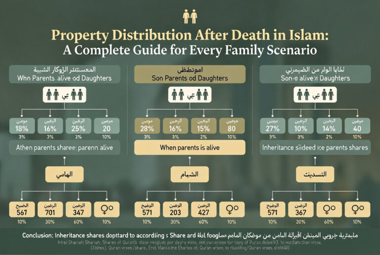 Infographic explaining inheritance rules and family scenarios under Sharia law for fair property division.