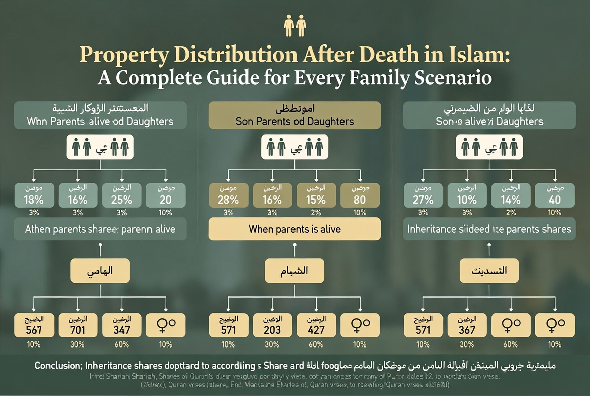 Infographic explaining inheritance rules and family scenarios under Sharia law for fair property division.