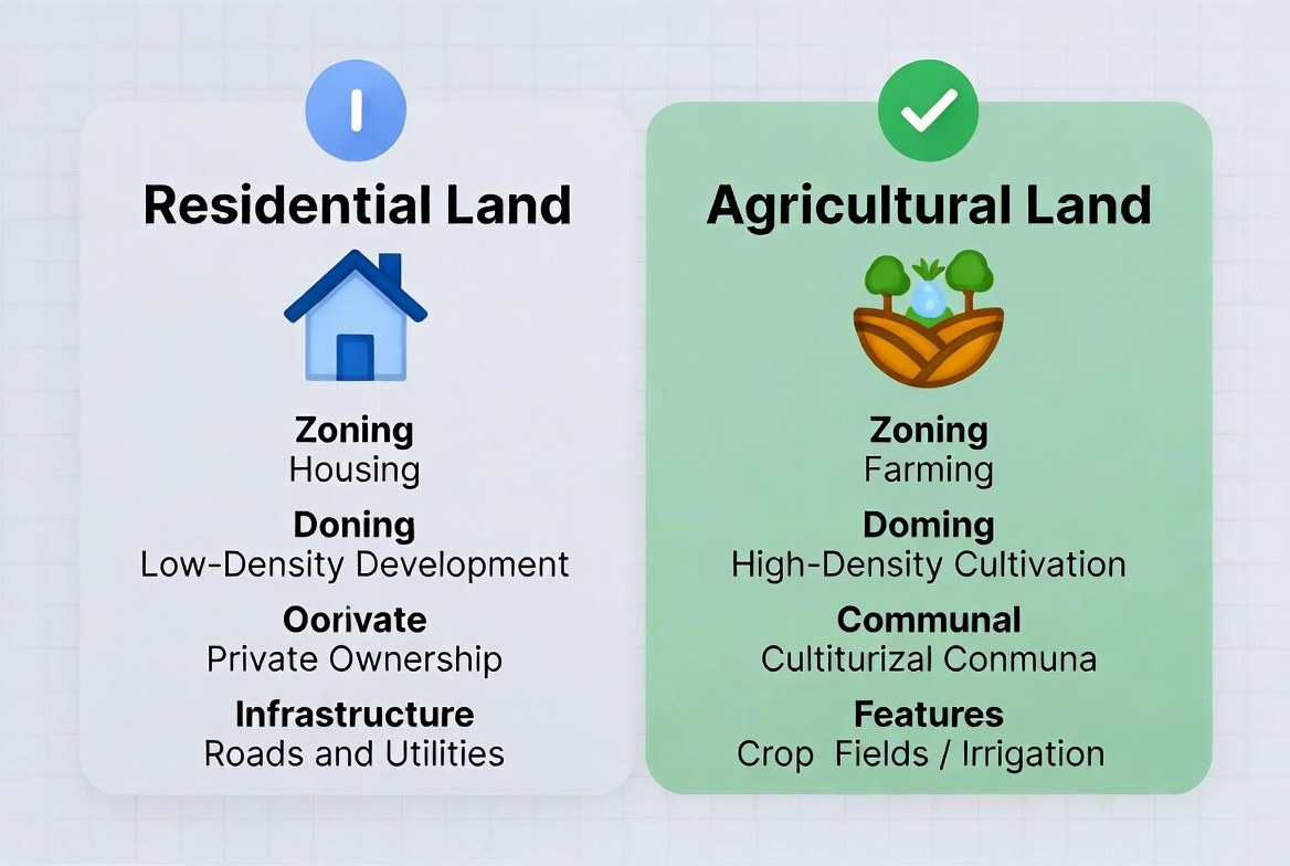 Quick comparison diagram showing residential and agricultural land features, legal status, and investment potential in Pakistan.