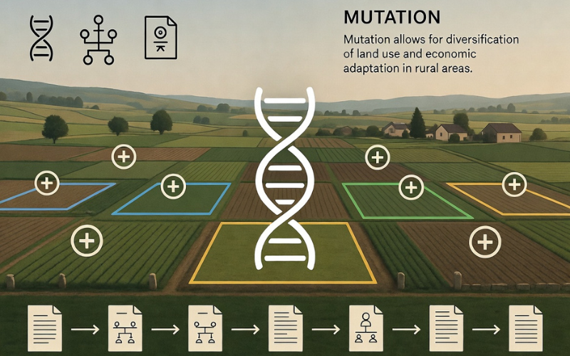 Illustration showing the importance of land mutation for legal ownership and property records in rural Pakistan.