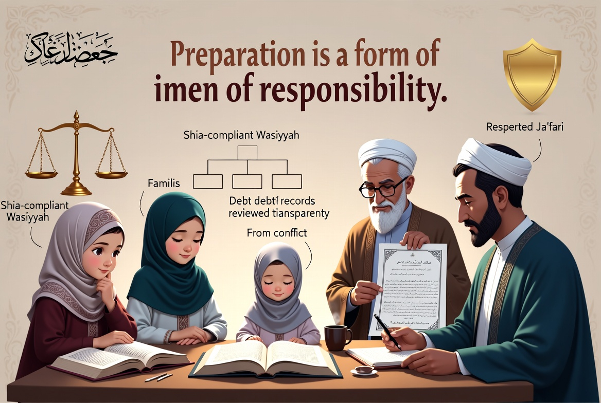 Visual guide depicting practical tips for managing family property, wills, and inheritance in Shia Fiqh.