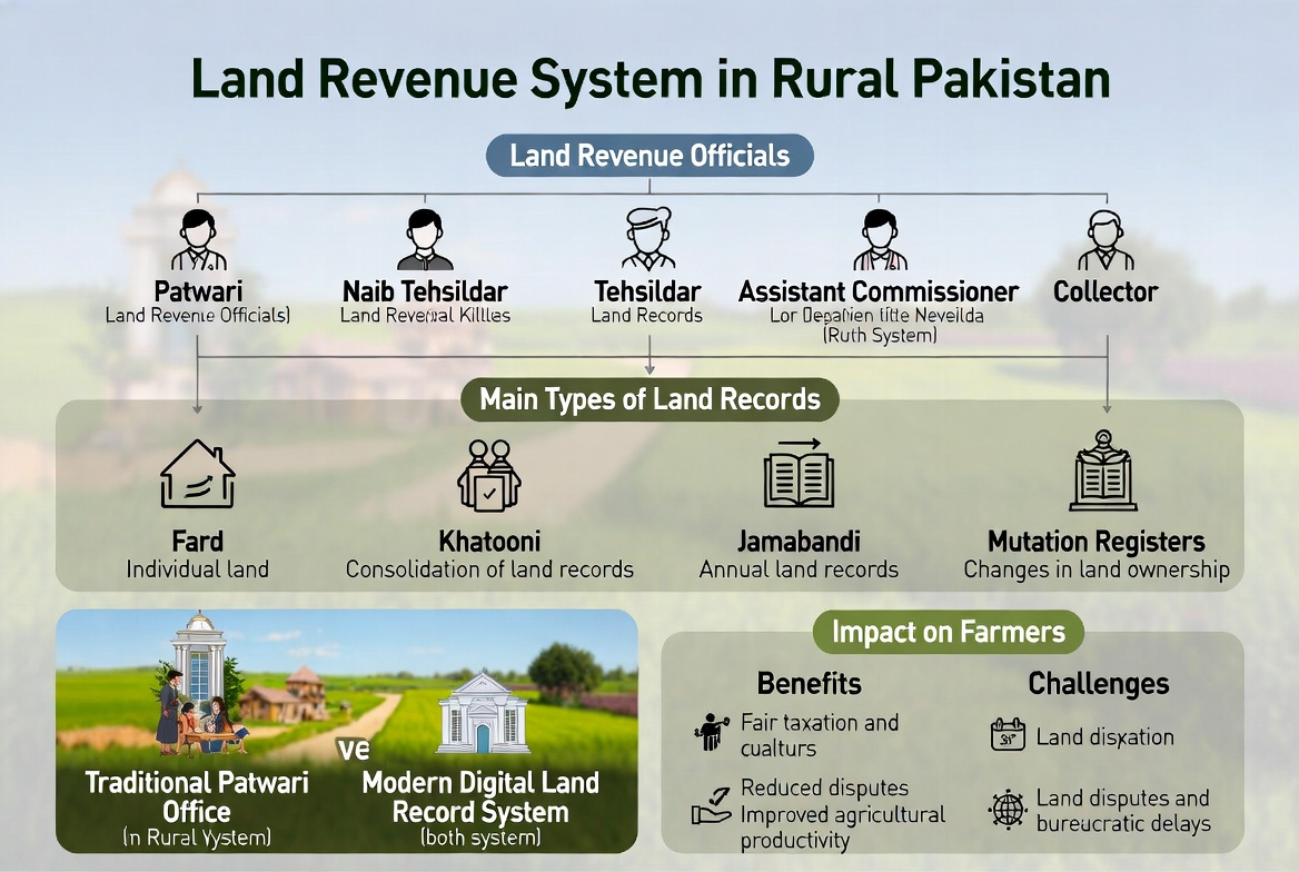 Visual guide depicting the roles of patwaris, naib patwaris, and other land revenue officials in rural property management.