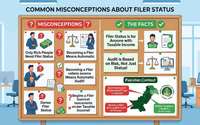 Infographic comparing filer and non-filer status with common misunderstandings and facts.
