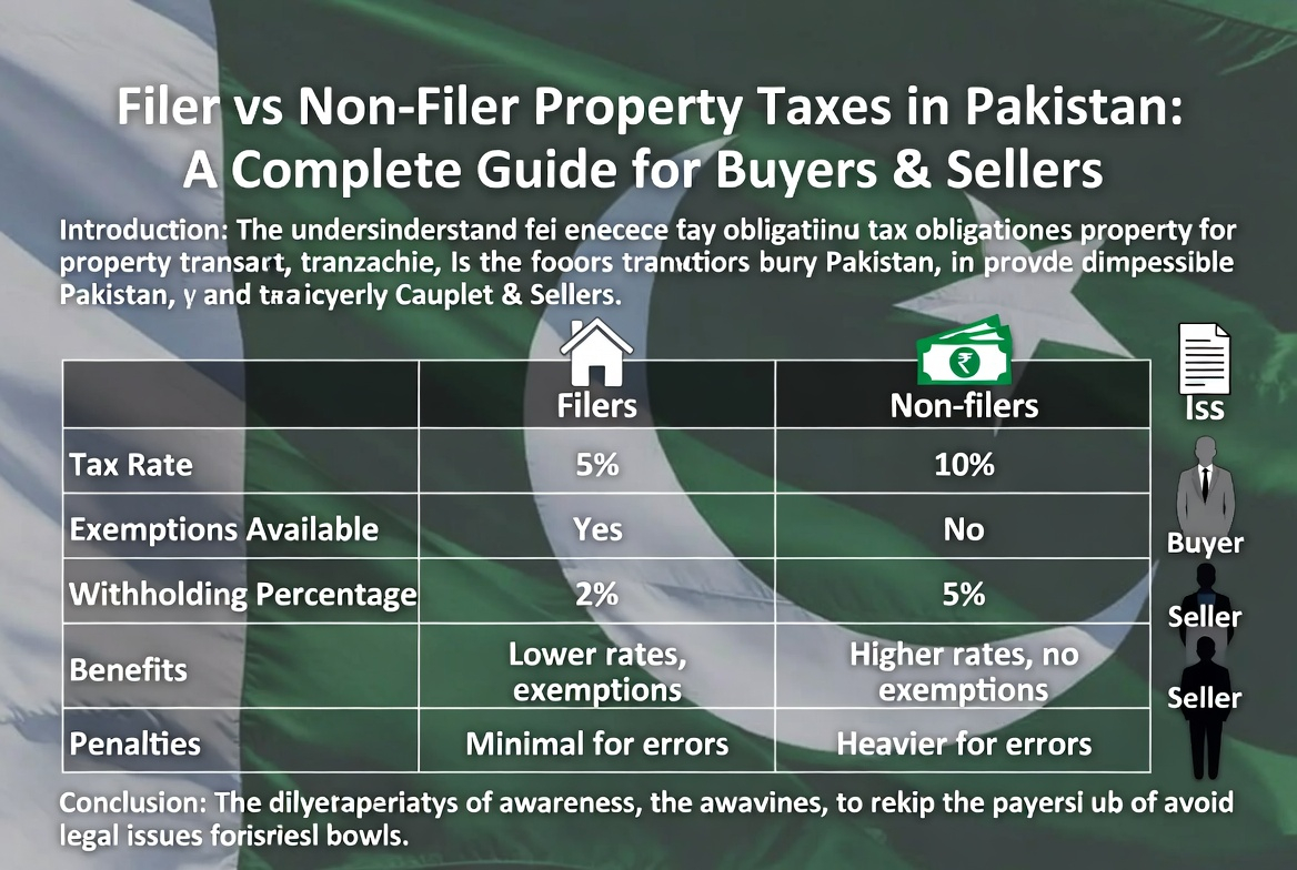 Infographic showing FBR property tax rules for filers and non-filers during property sales and purchases.