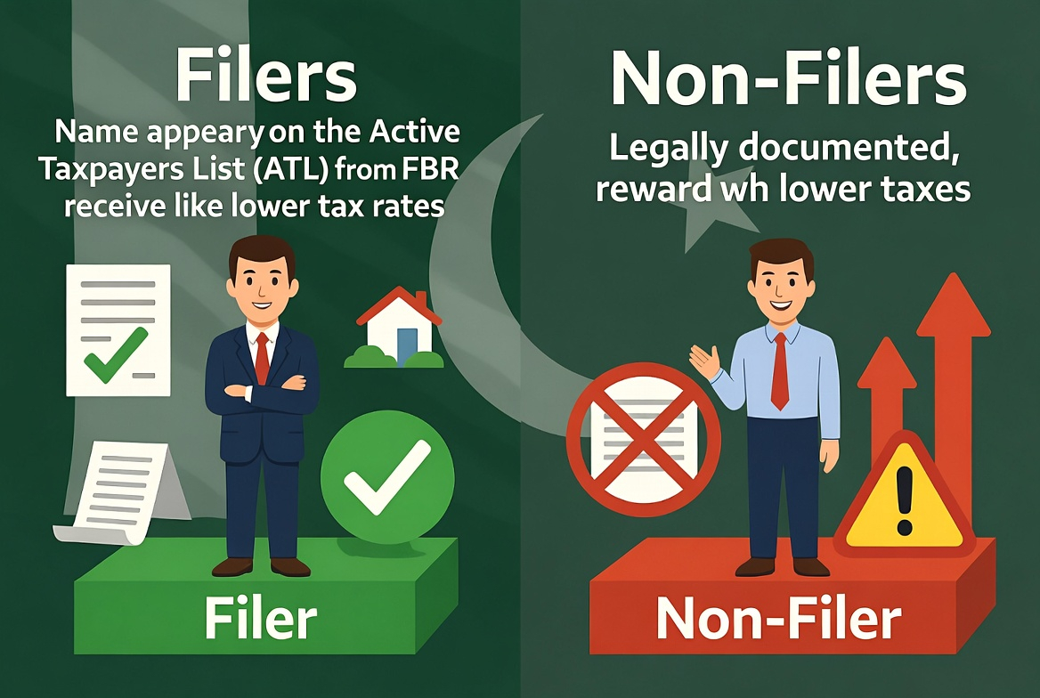 Visual guide comparing filer and non-filer status, highlighting property tax rates and financial advantages for filers.